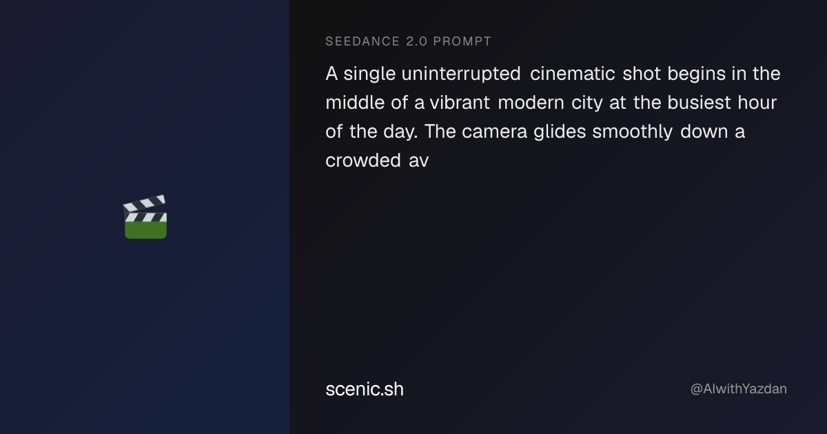 A single uninterrupted cinematic shot begins in the middle of a vibrant modern city at the busi…